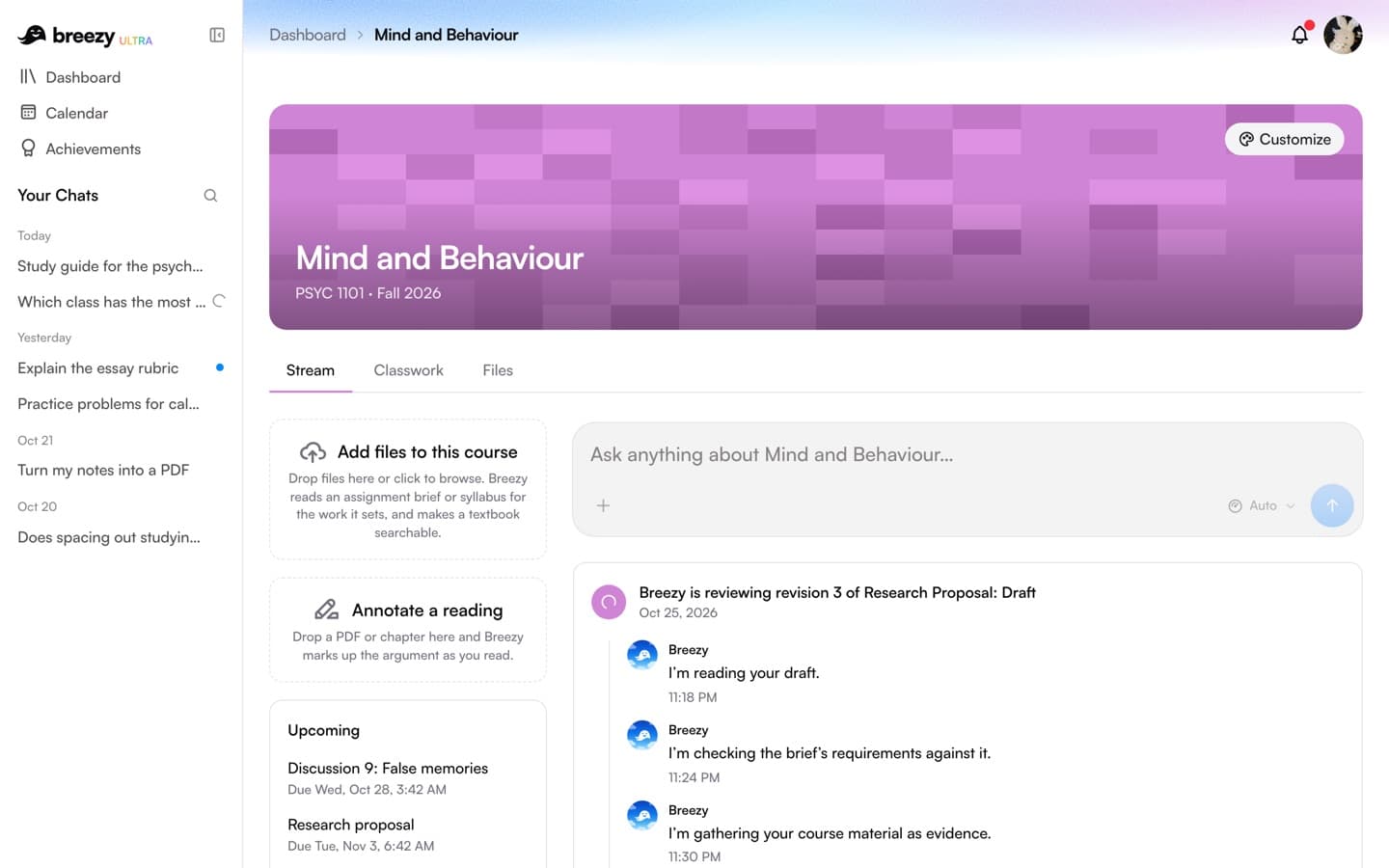 A course in Breezy, with its files, assignments and the course's chat