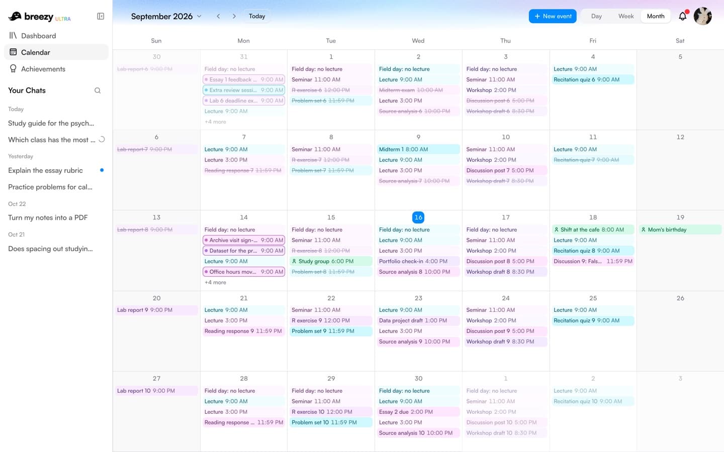 A month of coursework on Breezy's calendar