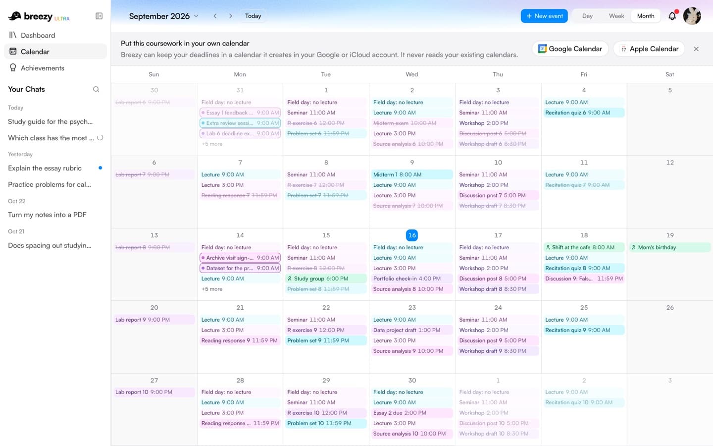 A month of coursework on Breezy's calendar, with the bar that connects Apple Calendar