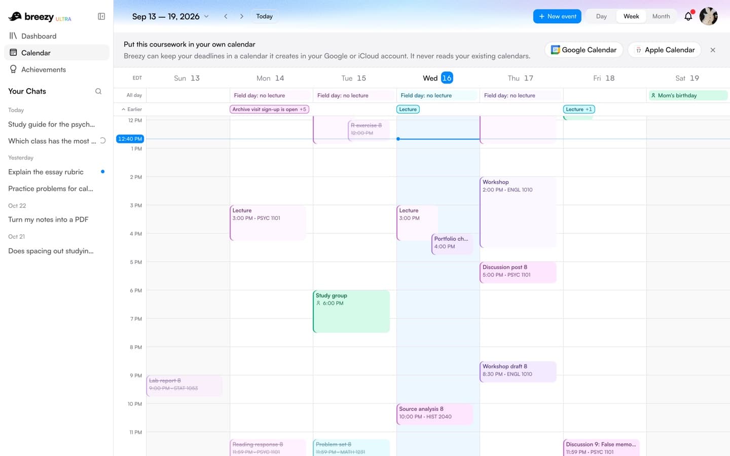 A week of coursework on Breezy's calendar, with the bar that connects Google Calendar