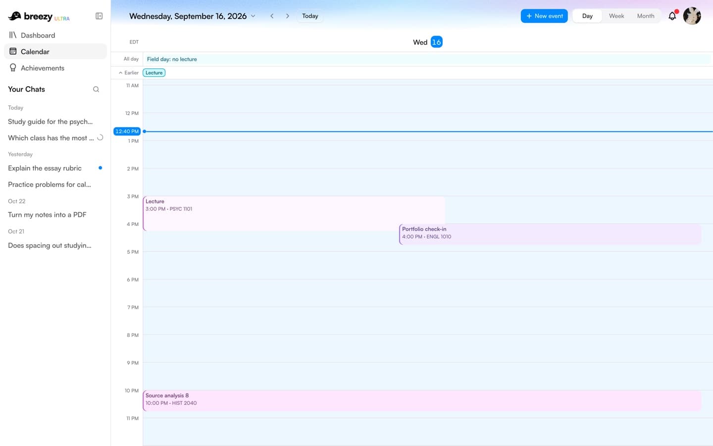 One day of classes and deadlines on Breezy's calendar