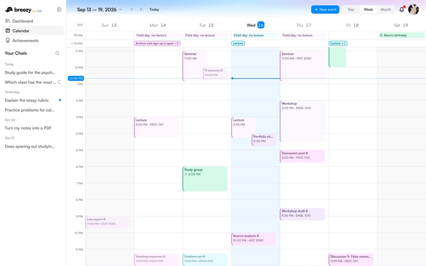 A week of coursework on Breezy's calendar