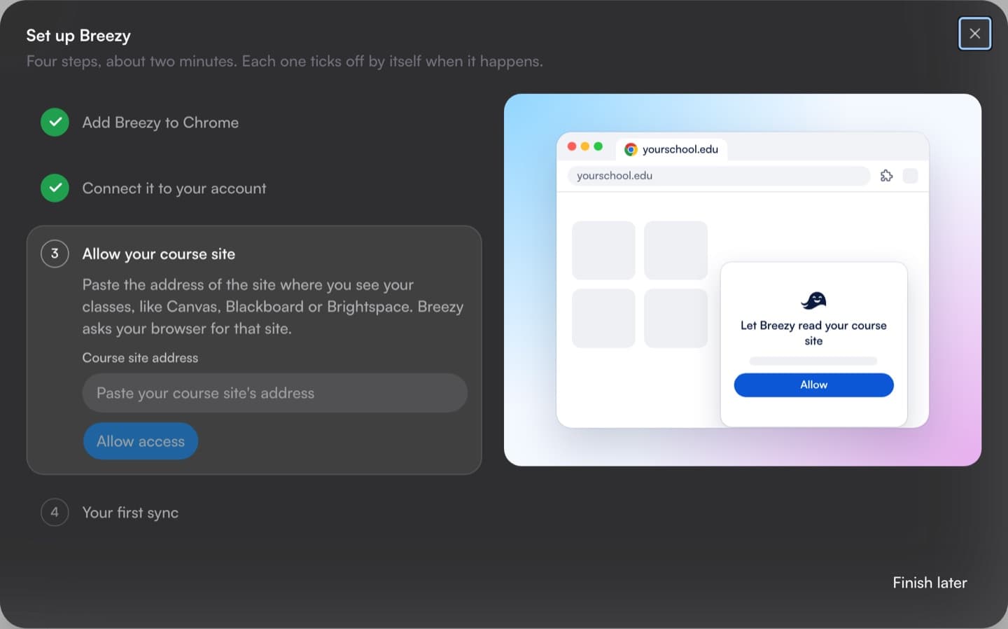 The Set up Breezy dialog, on its third step, allowing the course site
